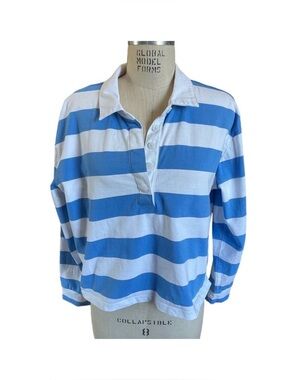 ON 34th Blue & White Cropped  Striped Long Sleeve Rugby Shirt Size XL X-Large